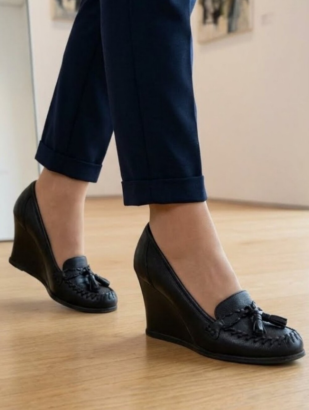 6M👠Nygard Natalie elegant and classic black leather shoes wedge